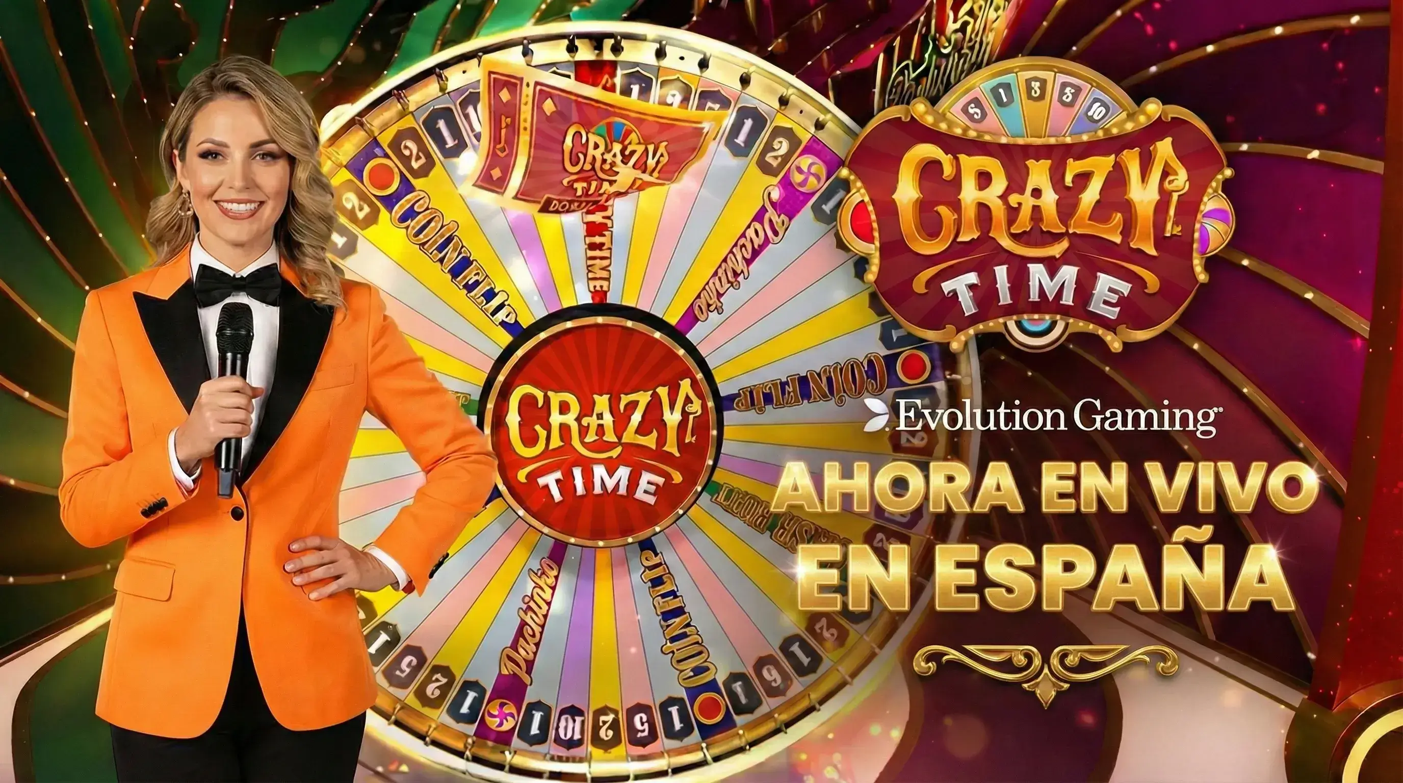 Crazy Time en vivo con presentador profesional y rueda de 54 segmentos